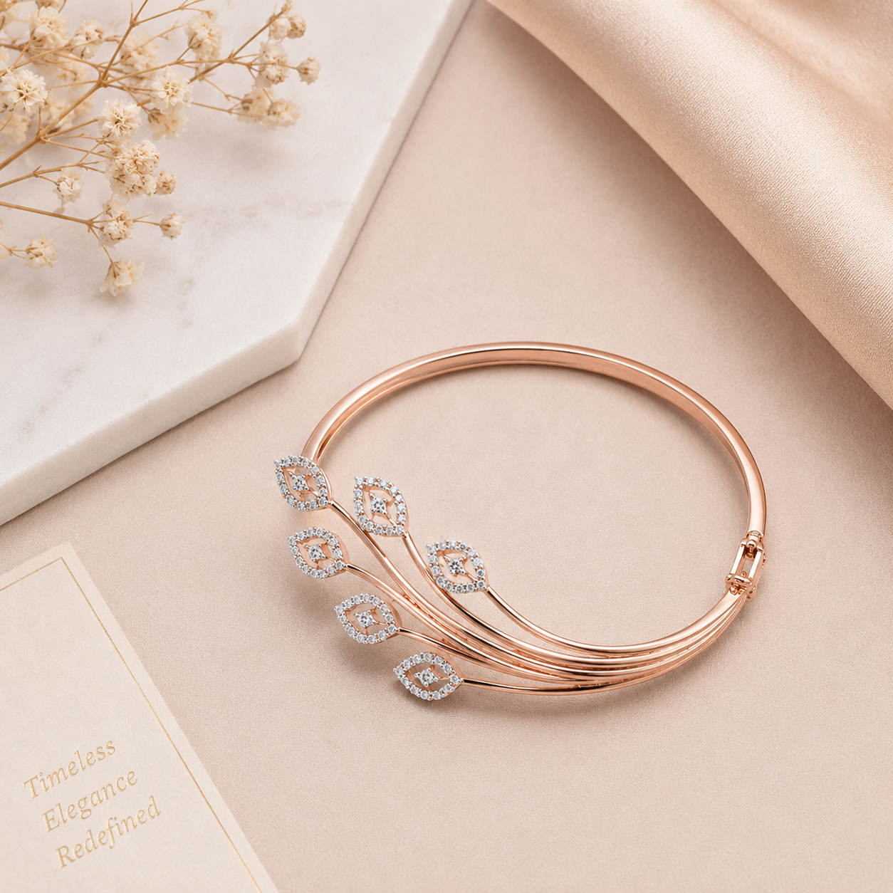 Luxury Rose Gold Crystal Leaf Cuff Bracelet for Women