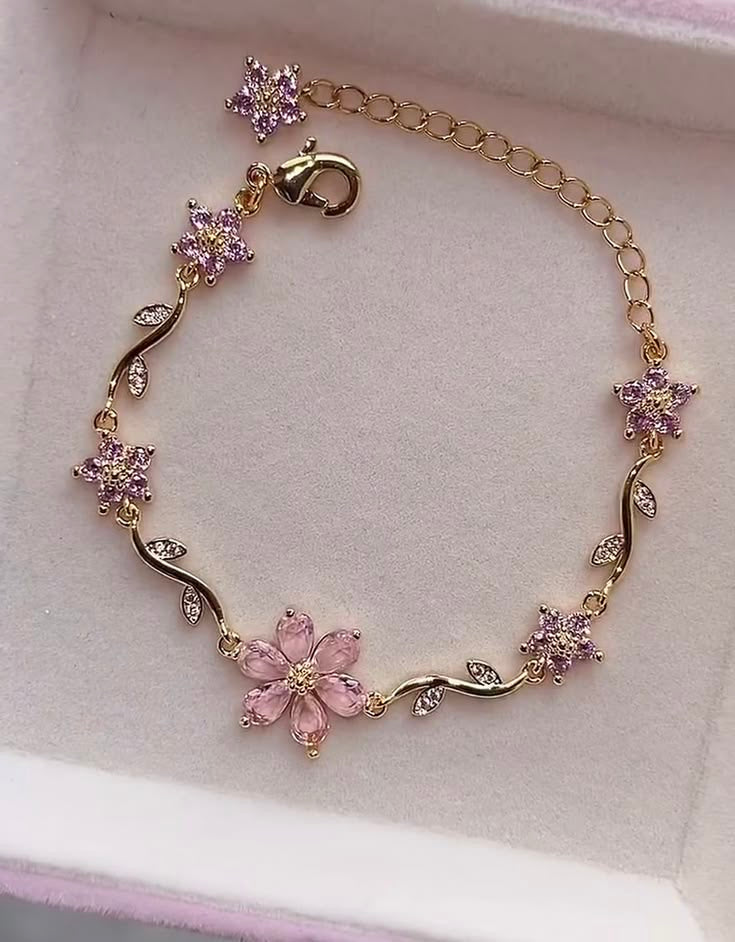 Luxury Sakura Flower Bracelet – 18K Gold Plated Pink Crystal Floral Bracelet for Women