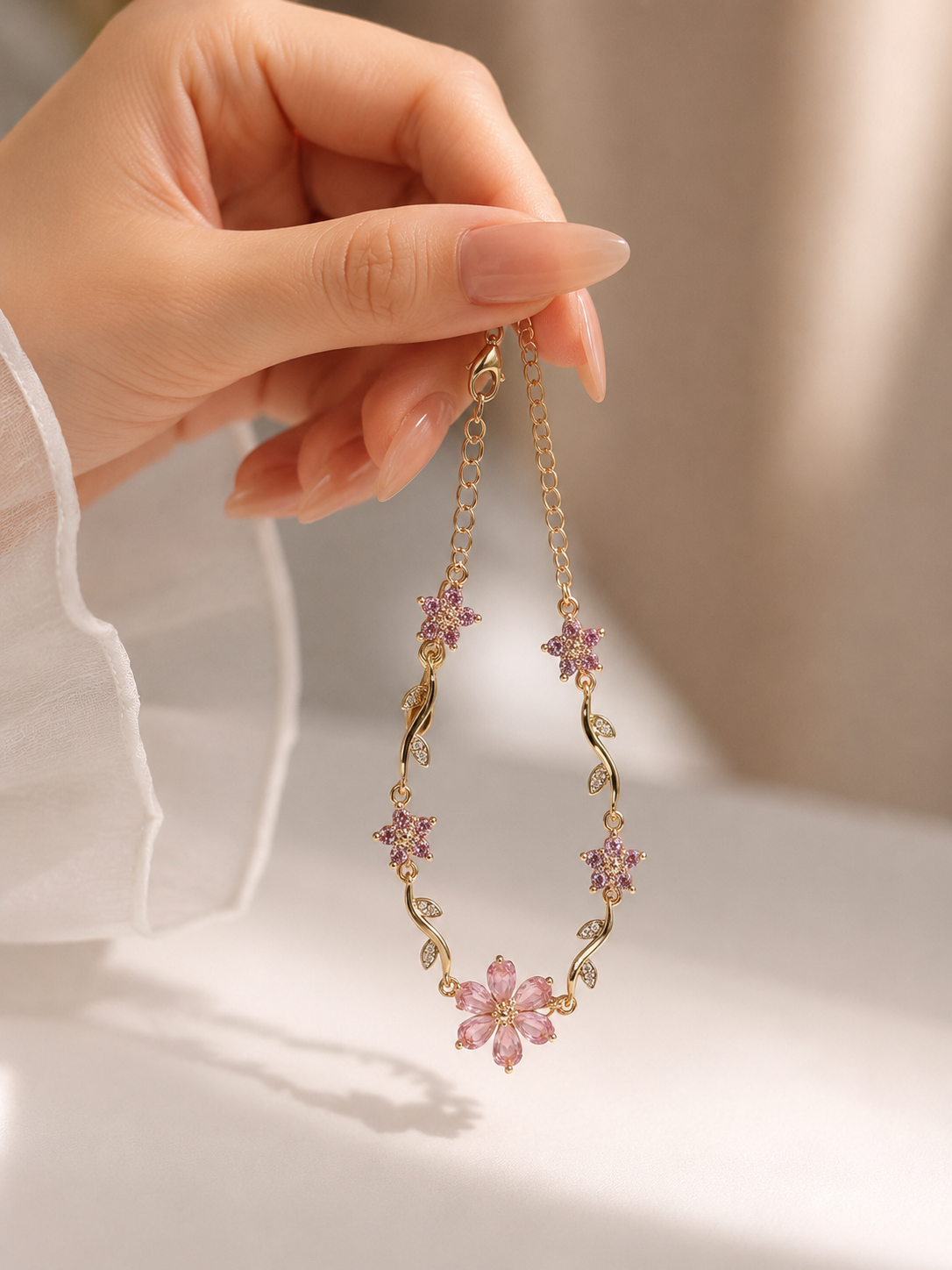 Luxury Sakura Flower Bracelet – 18K Gold Plated Pink Crystal Floral Bracelet for Women