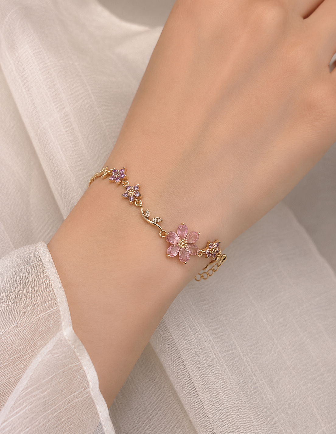 Luxury Sakura Flower Bracelet – 18K Gold Plated Pink Crystal Floral Bracelet for Women