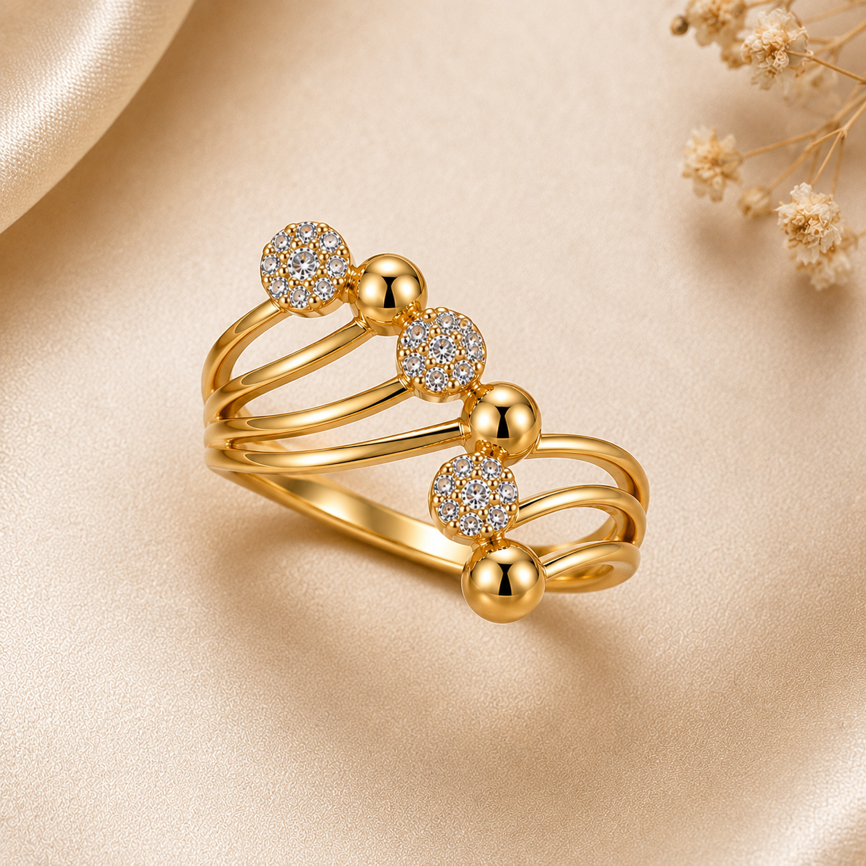 Luxury Gold Triple Band Crystal Adjustable Ring