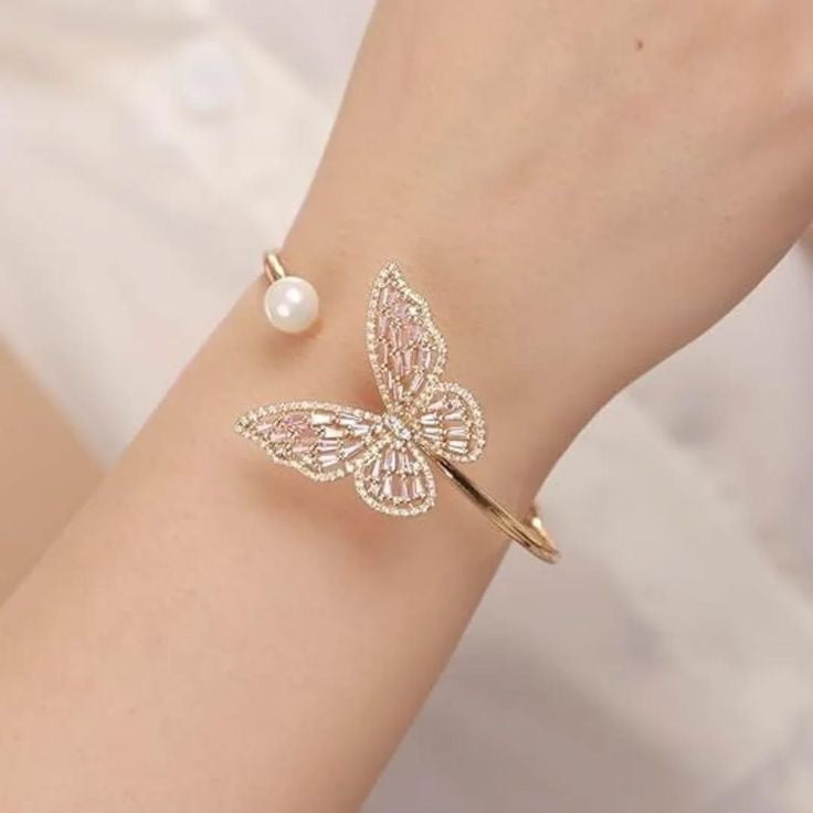Elegant Butterfly Crystal Open Cuff Bracelet for Women | Gold Plated Adjustable Bracelet