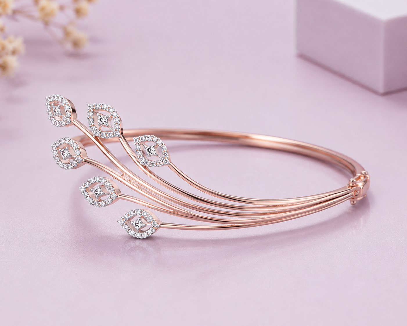 Luxury Rose Gold Crystal Leaf Cuff Bracelet for Women